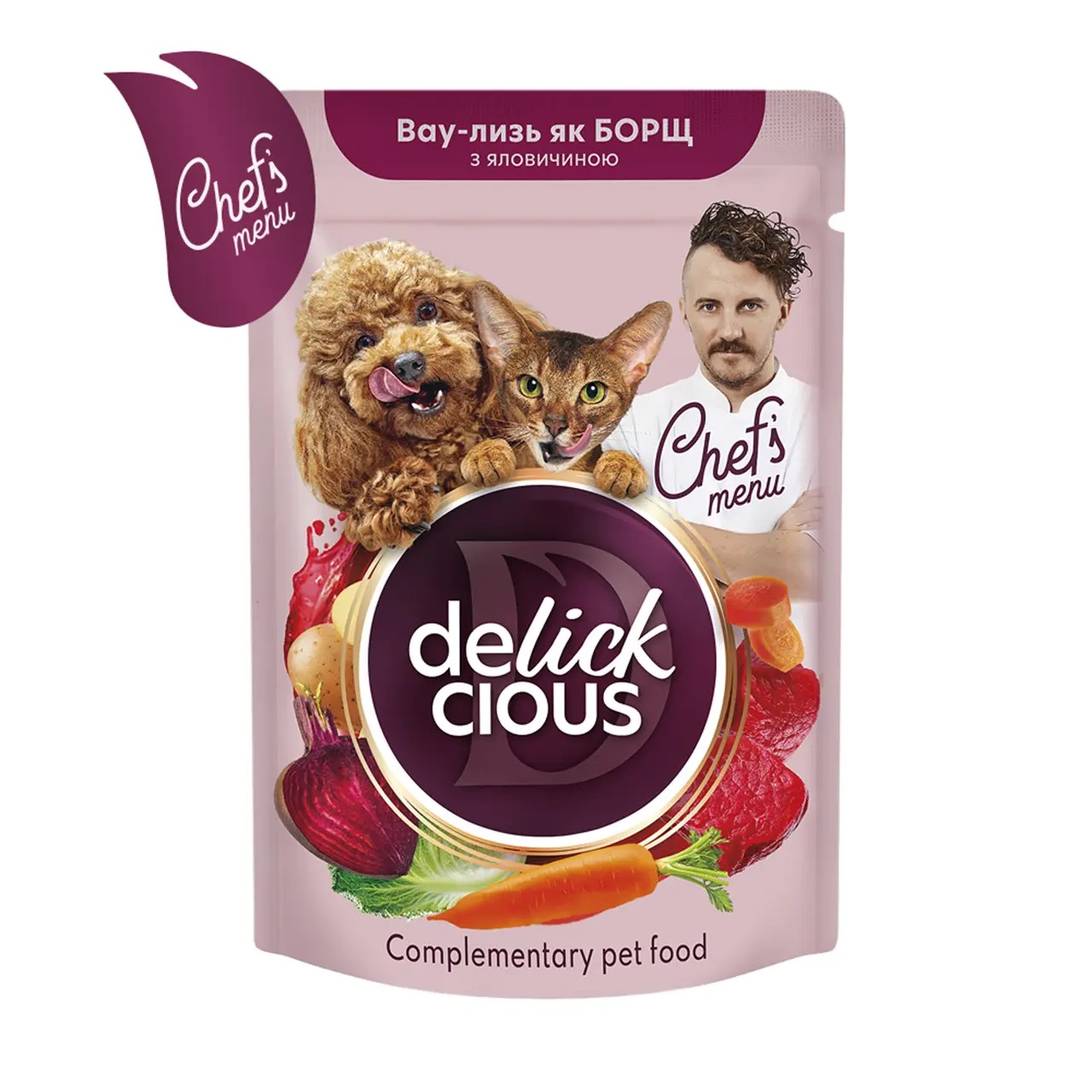 Вологий корм Delickcious для дорослих котів та собак борщ з яловичиною, буряком та морквою у соусі 85 г Вологий корм Delickcious для дорослих котів та собак борщ з яловичиною, буряком та морквою у соусі 85 г