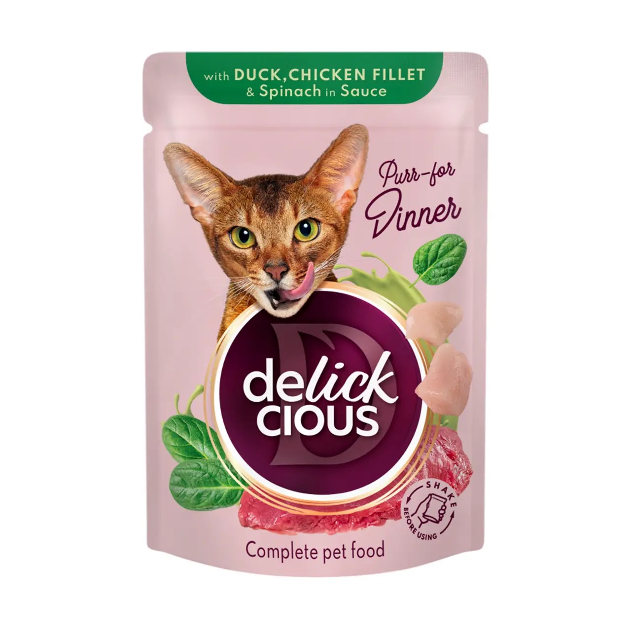 Вологий корм Delickcious шматочки з качкою, курячим філе і шпинатом в соусі 85 г Вологий корм Delickcious шматочки з качкою, курячим філе і шпинатом в соусі 85 г