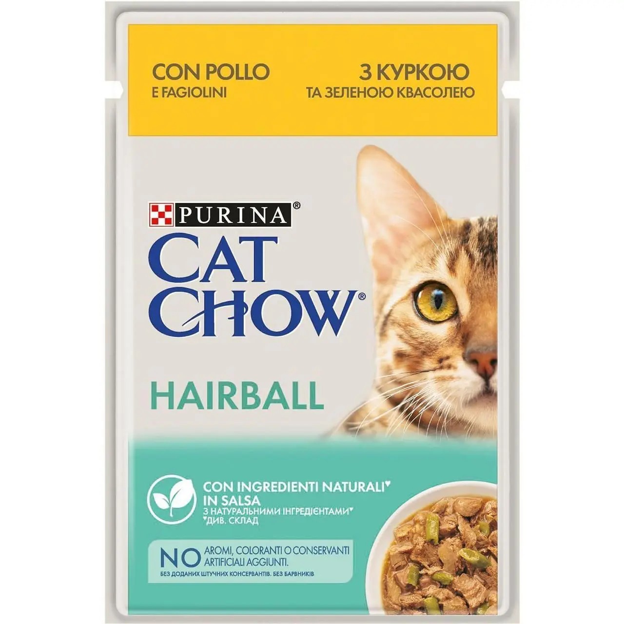 Вологий корм Cat Chow Hairball з куркою та зеленою квасолею в желе 85 г Вологий корм Cat Chow Hairball з куркою та зеленою квасолею в желе 85 г