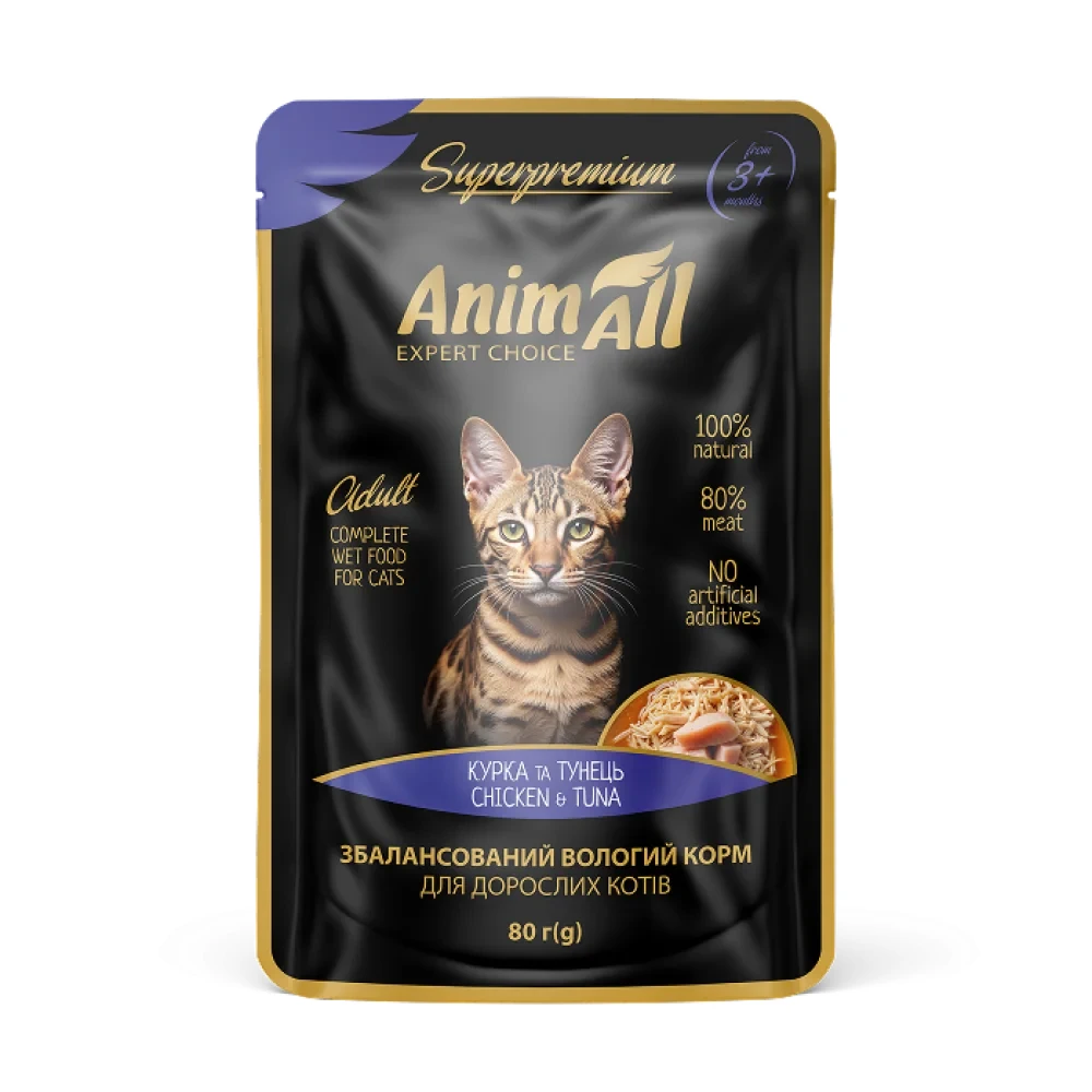 Вологий корм AnimAll Тунець з куркою для котів пауч 80г