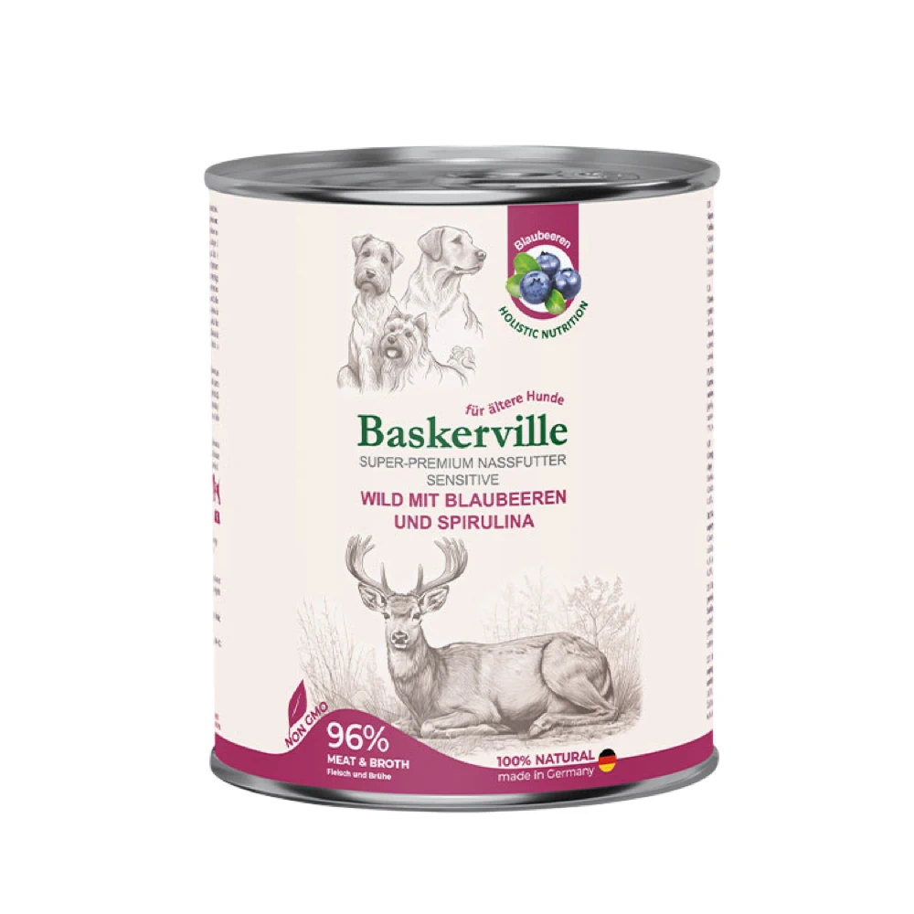 Консервований корм для собак Baskerville Sensitive Wild Mit Blaubeeren und Spirulina Оленина з чорницею і спіруліною 800 г