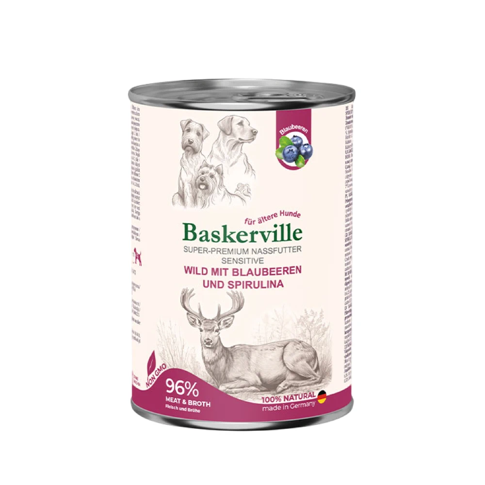 Консервований корм Baskerville для собак оленина з чорницею та спіруліною 400g