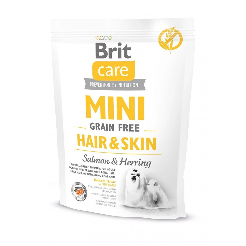 Корм сухий Brit Care Mini Hair&Skin для дорослих довгошерстих собак міні порід з лососем та оселедцем 400 г