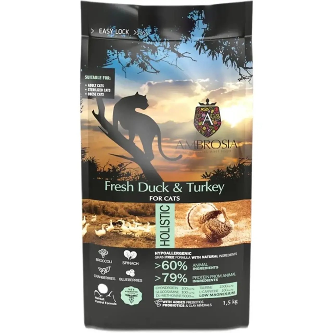 Сухий корм Ambrosia Grain Free для стерилізованих котів зі свіжою качкою та індичкою 1.5 кг Сухий корм Ambrosia Grain Free для стерилізованих котів зі свіжою качкою та індичкою 1.5 кг