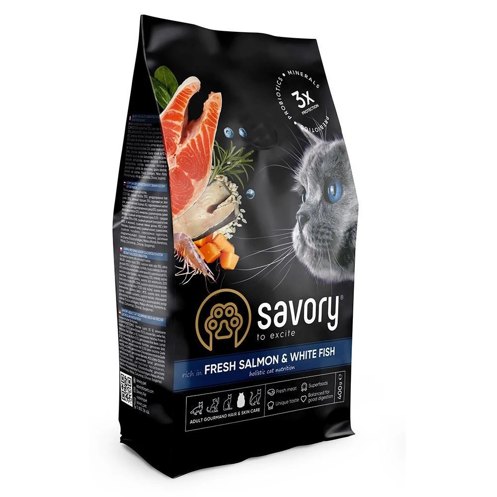 Сухий корм Savory Adult Cat Gourmand Fresh Salmon & White Fish для дорослих котів зі свіжим лососем і білою рибою 400 г