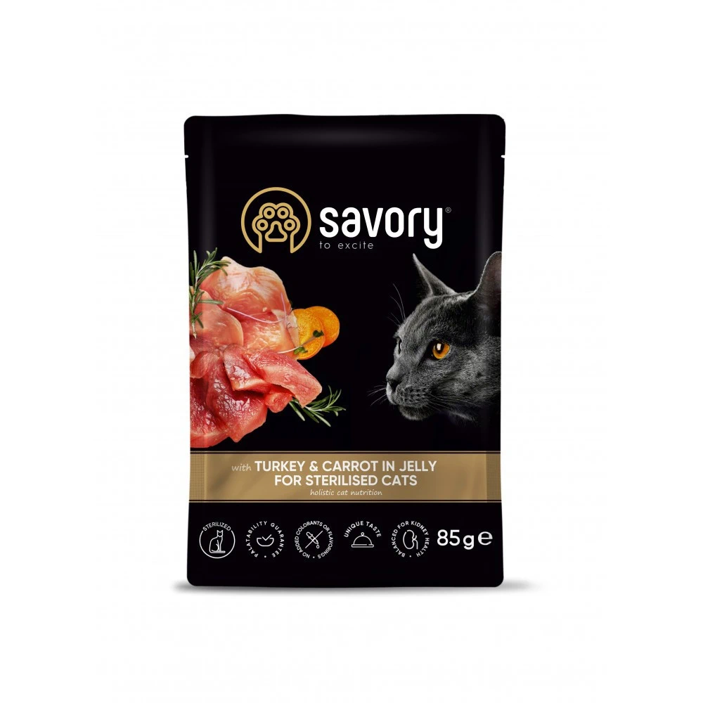 Вологий корм Savory Sterilised для стерелізованих котів з індичкою та морквою 85 г